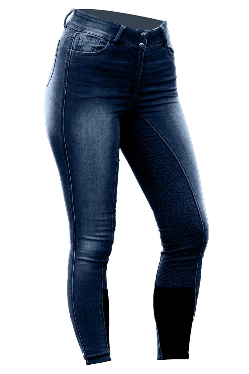 HORZE Kaia Womens Denim Horse Riding Pants | High Waist Silicone Full Seat Breeches - Dark Blue - 28 - Image 1